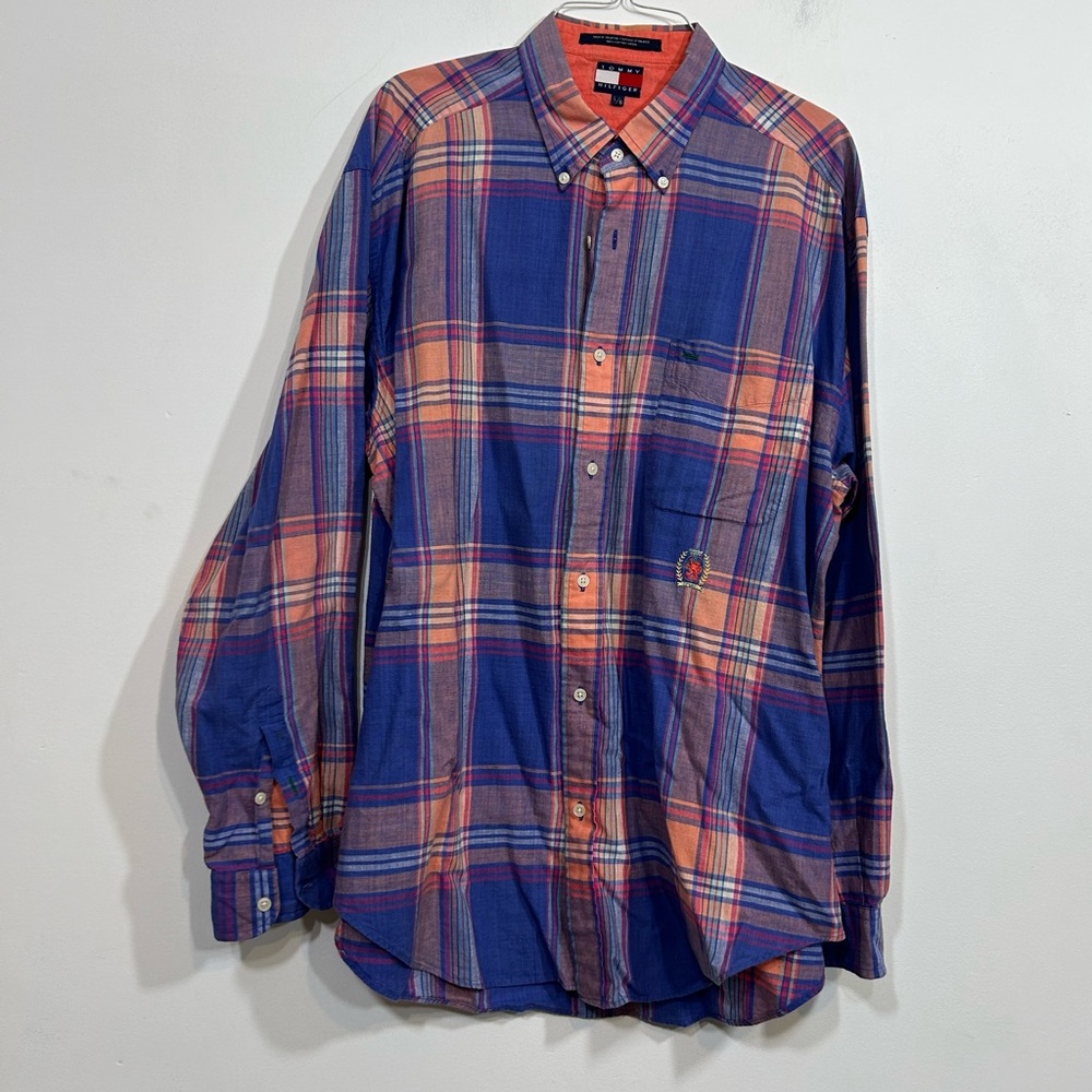 Tommy Hilfiger Blue and Orange Plaid Button Down Shirt Men’s Size Large